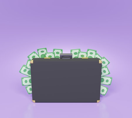 full of banknotes coming out from closed black suitcase. isolated on purple background. business money finance concept. cartoon 3d render.の写真素材