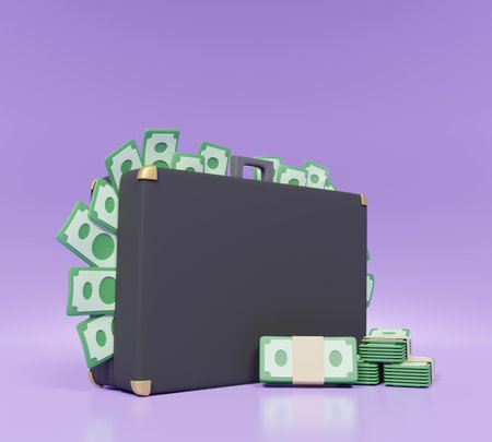 full of banknotes coming out from closed black suitcase. isolated on purple background. business money finance concept. cartoon 3d render.の写真素材