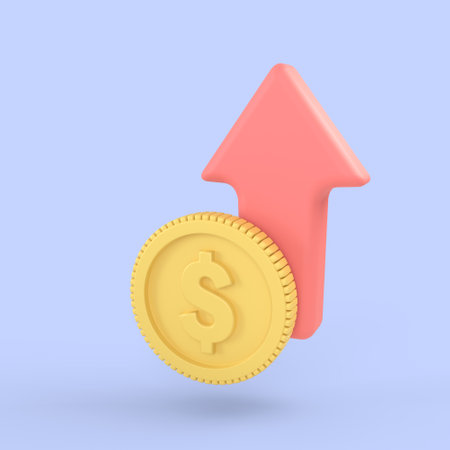 Golden coin and rise up arrow money movement icon. realistic finance symbols 3d render, online exchange banking payment and investment concept.の写真素材