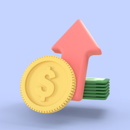 Golden coin and banknote with rise up arrow money movement icon. realistic finance symbols 3d render, online banking payment and investment concept.の写真素材
