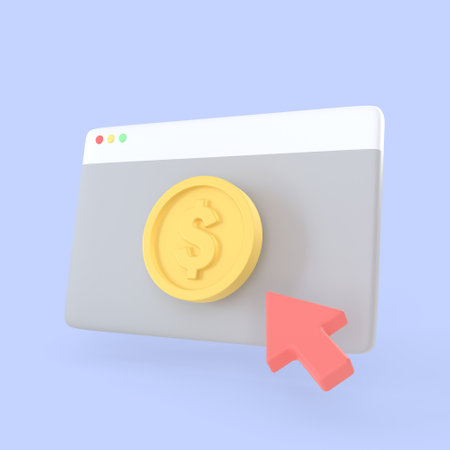 Interface desktop windows with gold coin and arrow mouse icon. realistic finance symbols 3d render, online banking payment and investment concept.の写真素材