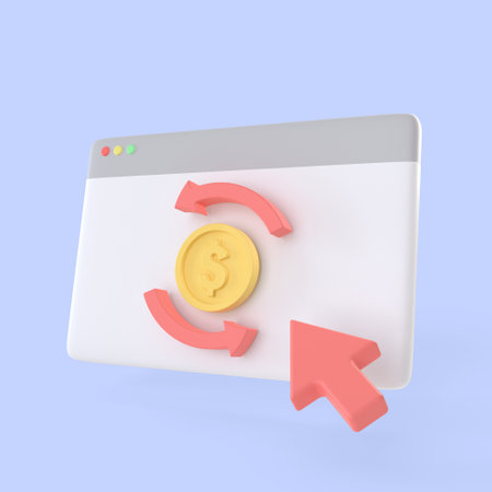 Interface desktop windows with gold coin transfer and arrow mouse icon. realistic finance symbols 3d render, online banking payment and investment concept.の写真素材