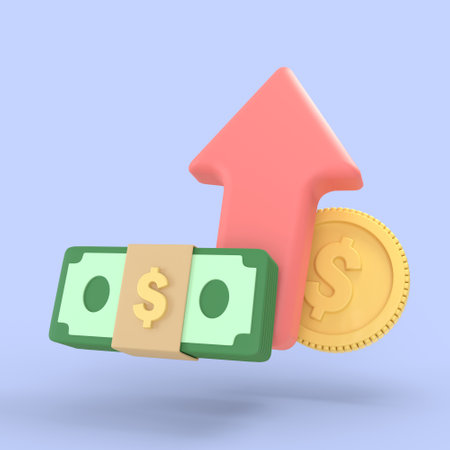 Golden coin and banknote with rise up arrow money movement icon. realistic finance symbols 3d render, online banking payment and investment concept.の写真素材