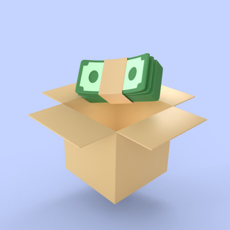 Banknote rise up on a box money movement icon. realistic finance symbols 3d render, online exchange banking payment and investment concept.の写真素材