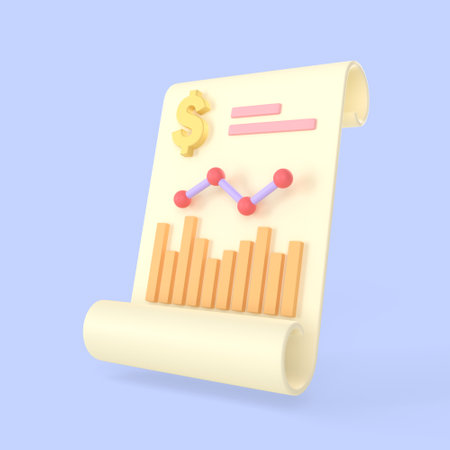 Paper sheet realistic documents. dollar sign and graph icon for calculate statistics realistic money finance symbols 3d render, online tax or bills banking payment and investment concept.の写真素材