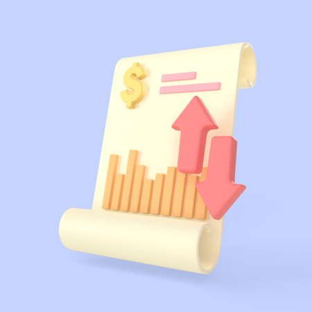 Paper sheet realistic documents. dollar sign and graph with arrow icon for calculate statistics realistic money finance symbols 3d render, online tax or bills banking payment and investment concept.の写真素材