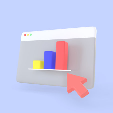 Interface desktop windows with column chart and arrow mouse icon. realistic statistics finance symbols 3d render, online banking payment and investment concept.の写真素材