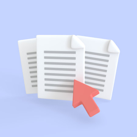 Document 3d render icon. Stack of paper sheet with text and arrow symbol for searching image and video files in database. business and management files concept.の写真素材
