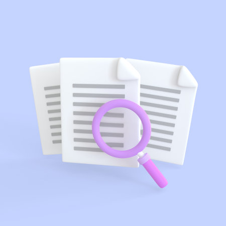 Document 3d render icon. Stack of paper sheet with text and magnifying glass for searching image and video files in database. business and management files concept.の写真素材