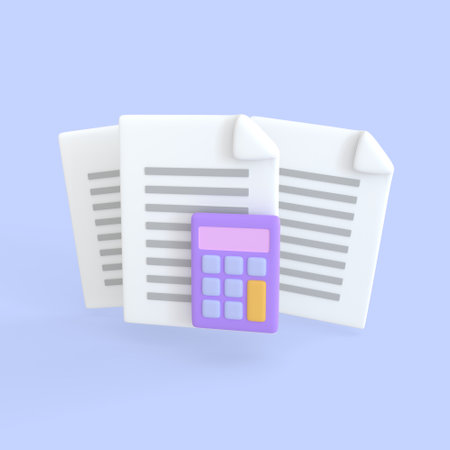 Document 3d render icon. Stack of paper sheet with text and calculator for finance loan or tax. business money finance and assignment files concept.の写真素材
