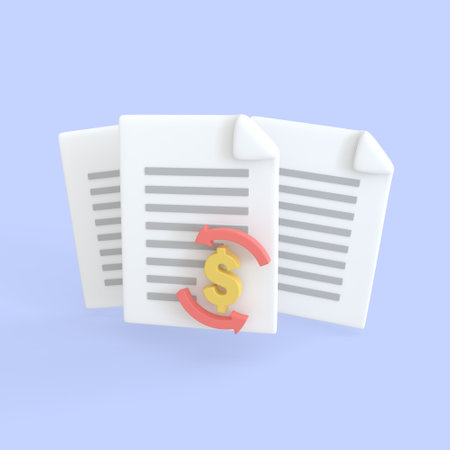 Document 3d render icon. Stack of paper sheet with text and dollar sign and circle arrowfor payment transaction money currency.business money finance and assignment files concept.の写真素材