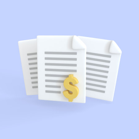 Document 3d render icon. Stack of paper sheet with text and dollar sign for finance loan or tax. business money finance and assignment files concept.の写真素材