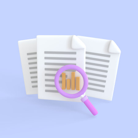 Document 3d render icon. Stack of paper sheet with text and magnifying glass and column chartfor searching and calculate statistic files in database. business money finance and development files concept.の写真素材