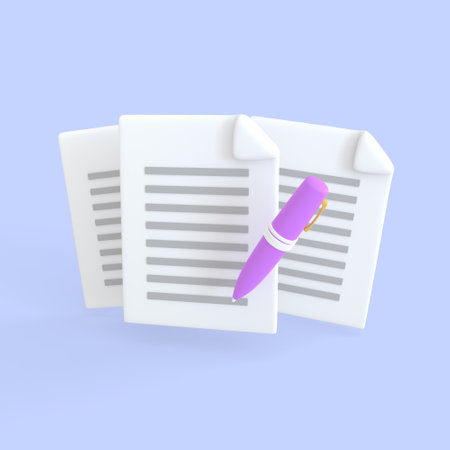 Document 3d render icon. Stack of paper sheet with text and pen writing for important signatures and coperation agreement.creative business planning and assignment files concept.の写真素材