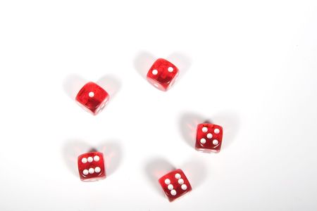 Red and white dice on a white backgroundの写真素材