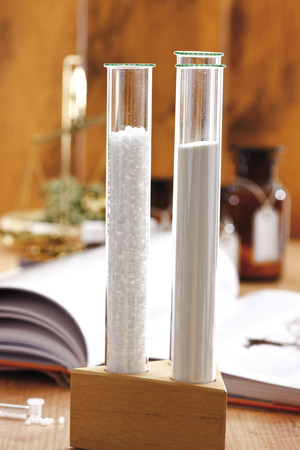 Test tubes with powder and granulate, close-upの写真素材