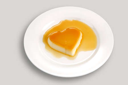 Heart-shaped creme caramel, elevated viewの写真素材