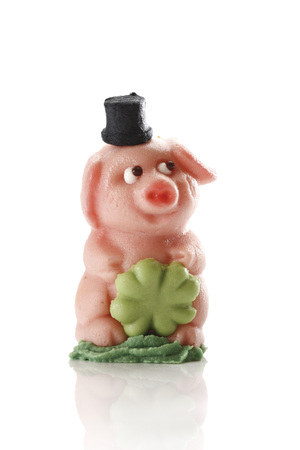 Lucky pig with four-leafed cloverの写真素材