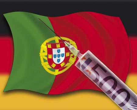 Close up of cash injection on portuguese flag against german flagの写真素材