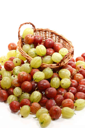 Red and green gooseberries in basketの写真素材