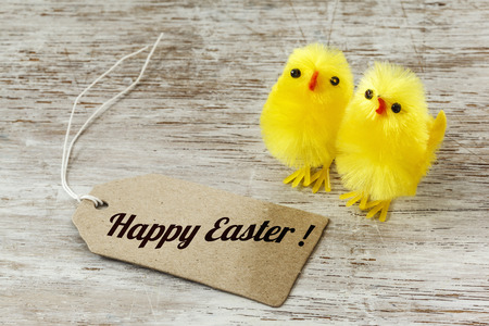 Eastern, chick figurines on wood, Easter cardの写真素材