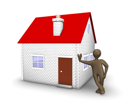 Black cartoon character with a house. 3d illustration.の写真素材