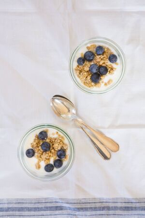 Muesli with yogurt and blueberries in bowlの写真素材