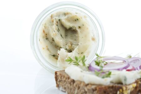Lard bread with cress, red onion and red radishの写真素材