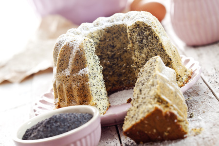 Poppy seed cake on plateの写真素材