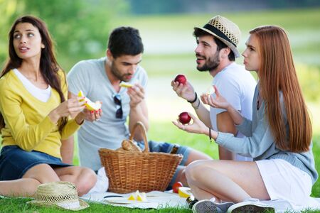 Group of friends having picnic on green meadowの写真素材