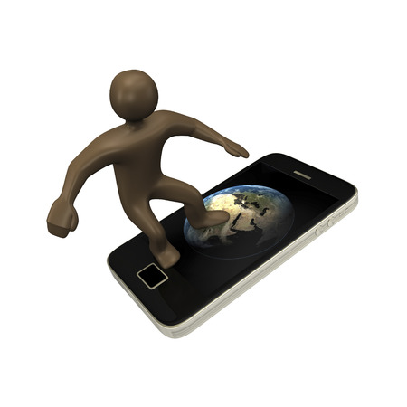 Smartphone surfer, 3d illustration with black cartoon characterの写真素材