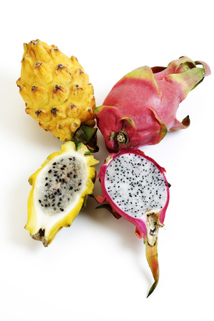 Dragon fruit, yellow and red pitaya, choppedの写真素材