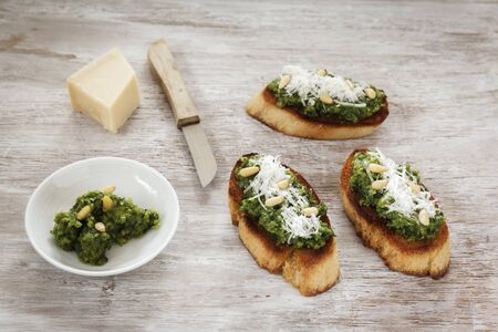 Crostini with ramson pestoの写真素材
