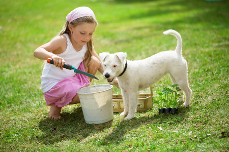 Girl in garden planting herbsの写真素材