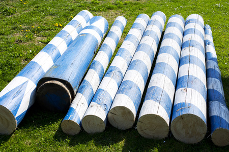Sawed may pole with blue and white pattern on grassの写真素材