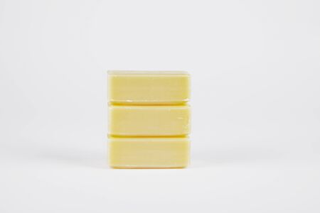 Stacked curd soap on white backgroundの写真素材