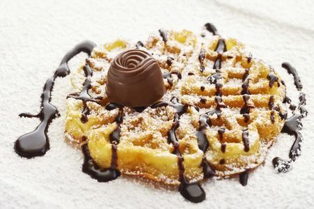 Waffle with icing sugar, chocolate sauce and pralineの写真素材