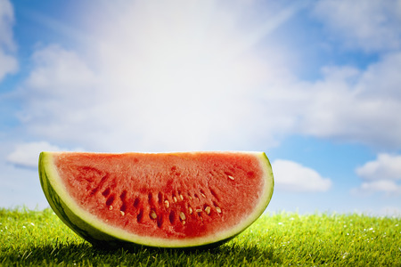 Watermelon on grass, sun and clouds, copy spaceの写真素材