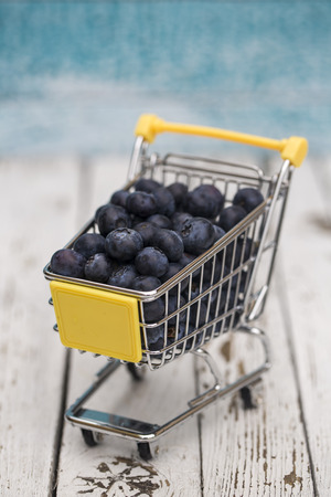 Miniature shopping cart with blueberriesの写真素材