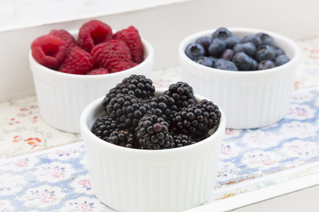 Wild berries, Raspberries, blueberries and blackberries in bowlsの写真素材