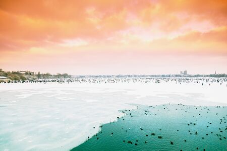 Germany, Hamburg, ice covered Aussenalster during winterの写真素材