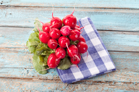 Close up of red radish bundle on checked napkinの写真素材