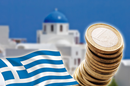 Grexit, Euro coins, flag, Greece, Santorini