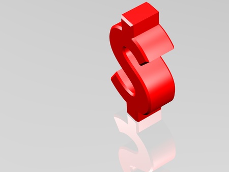 Dollar currency sign. View from top. 3D CGI Rendering on white reflecting surface.の写真素材