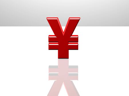 Japanese Yen currency sign. 3D CGI Rendering on white reflecting surface.の写真素材