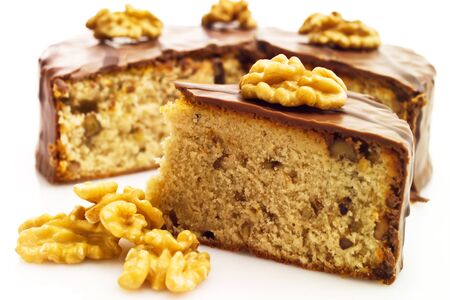 Walnut cake with chocolate coatingの写真素材