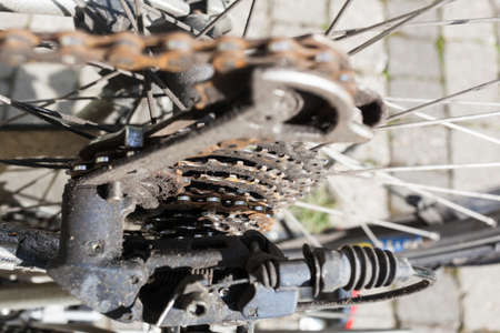 Rusty old bike chain and gear shiftの写真素材