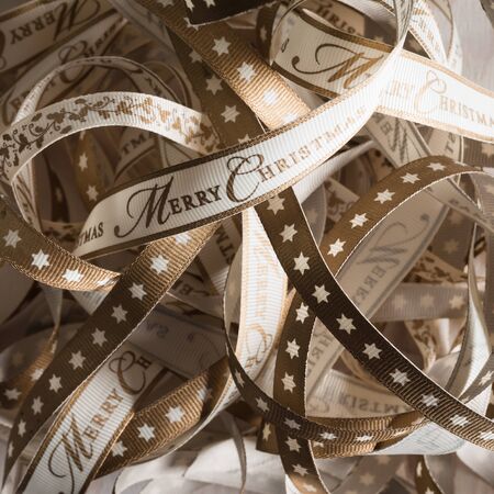 Christmas, gift ribbon on wood, Merry Christmasの写真素材