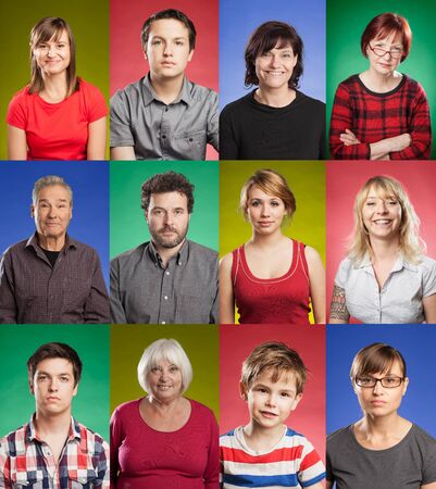 Series of twelve people, from child to senior, colored backgroundsの写真素材