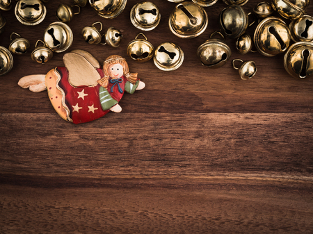 Christmas, bells on wood, christmas decoration, angel, copy spaceの写真素材